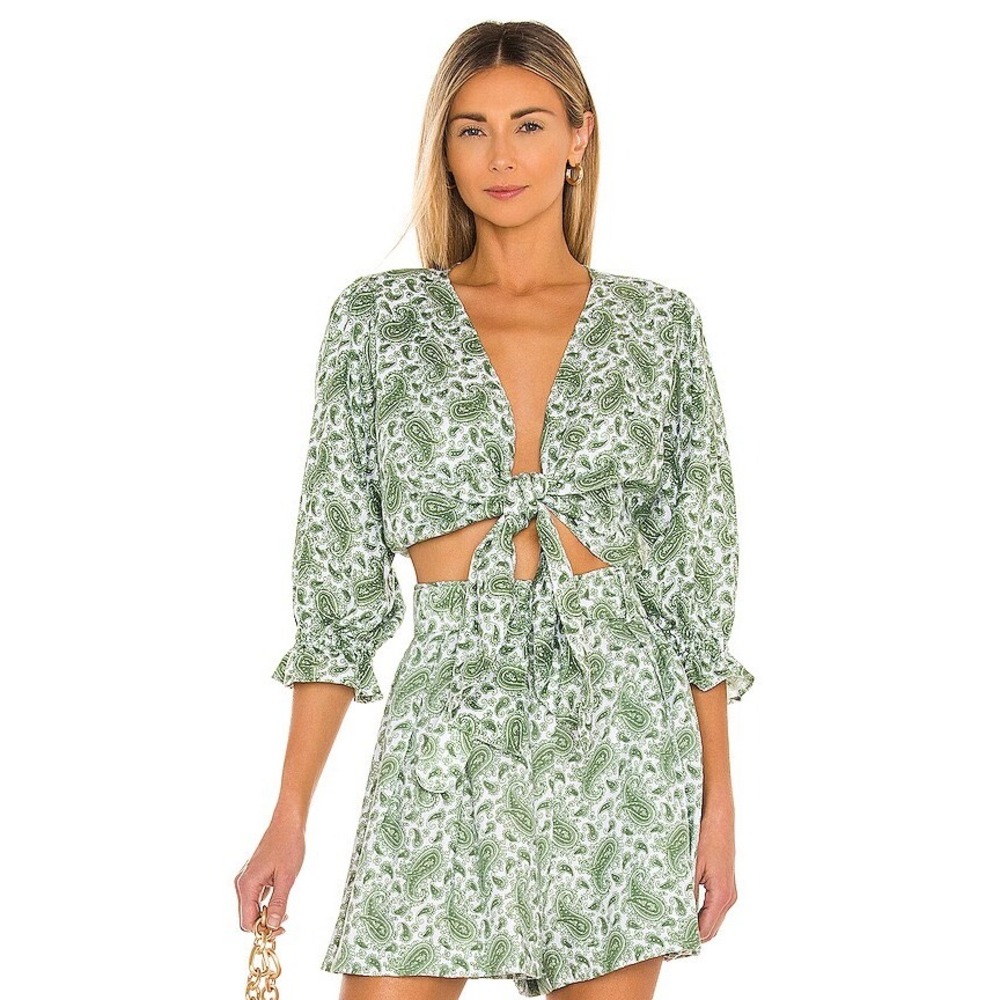 Faithfull The Brand Jacinta Top Sable Paisley Green Tie Front Crop Blouse XS